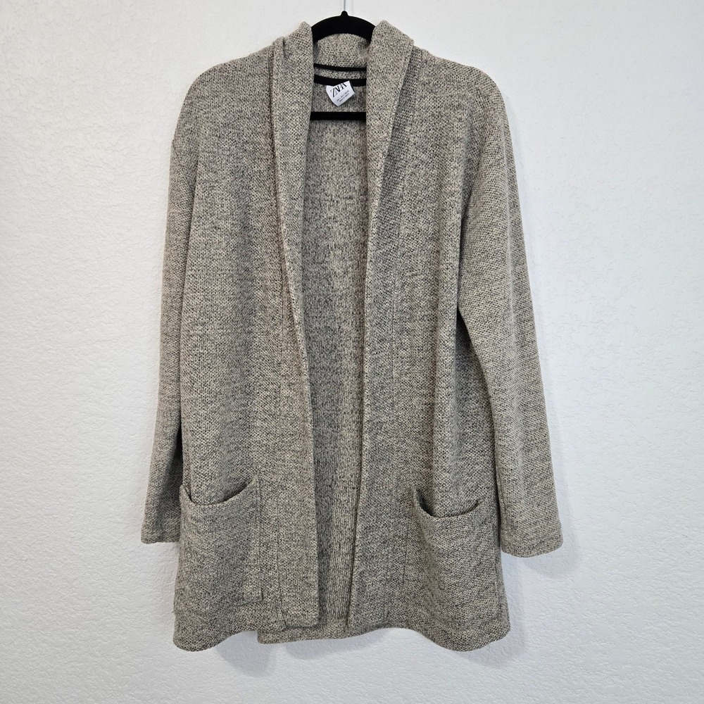 ZARA Knit Open Front Cardigan Sweater Speckled Tan Black Long Sleeve Pockets L